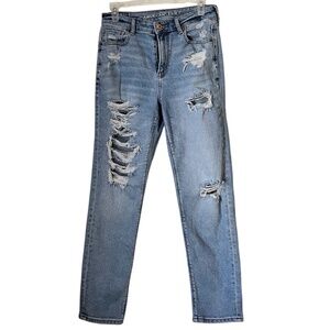 American Eagle Women Blue Light Wash Destructed Ripped High Rise Mom Jeans Sz-4